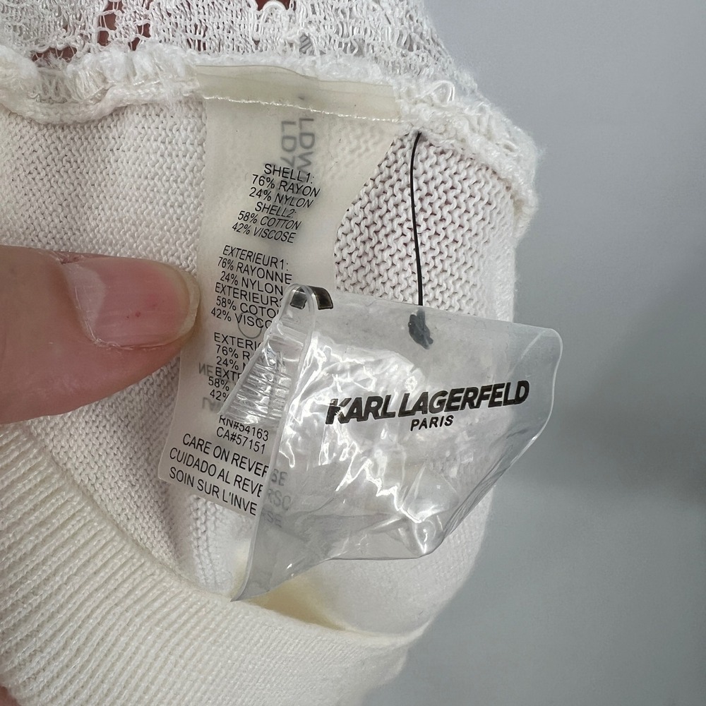 Karl Lagerfeld Paris White Knit Cardigan Pearl Buttons Lace Front Size L - Picture 5 of 7